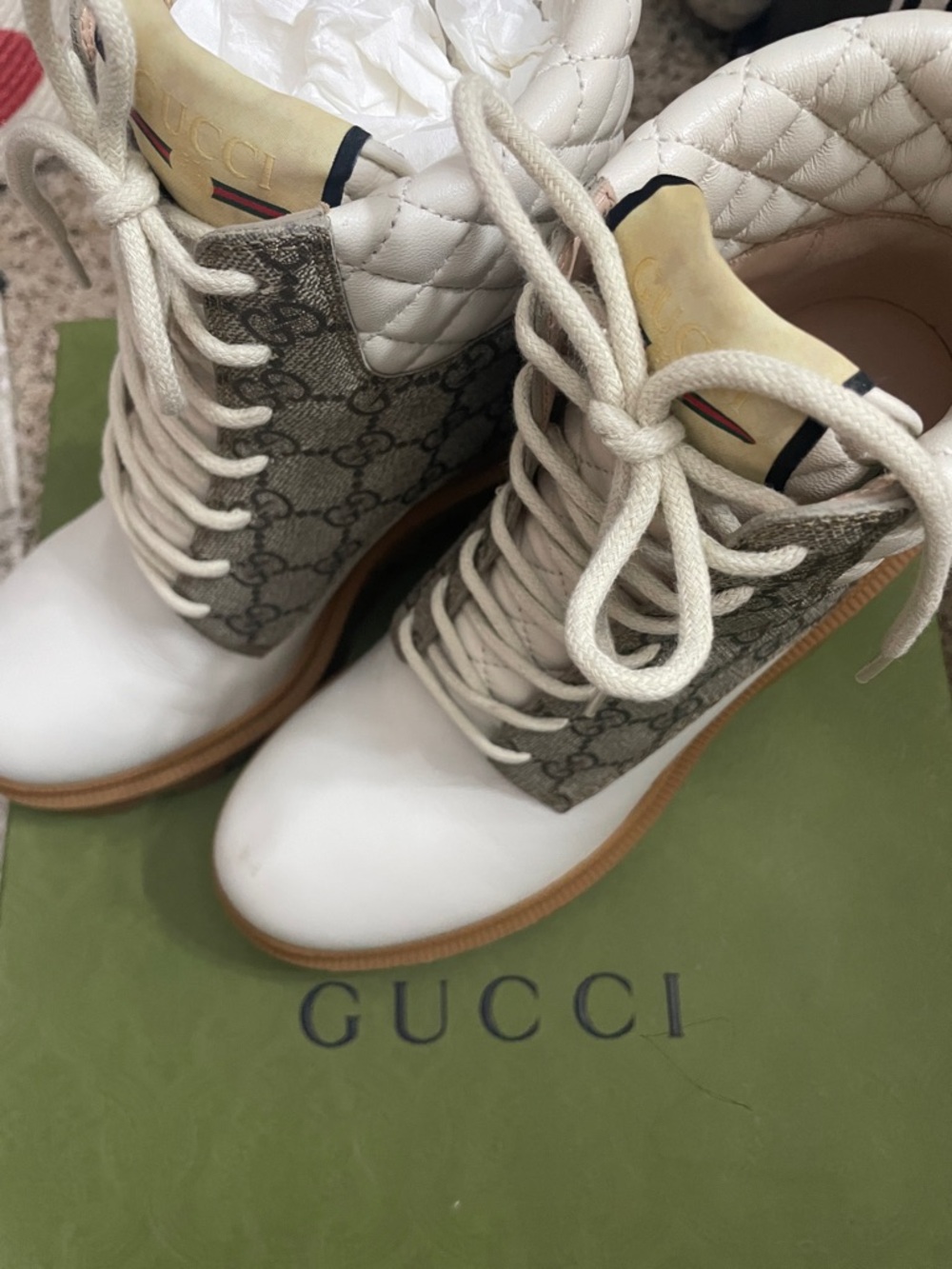 Gucci Beige Monogram & White Quilted Lace-Up Platform Boots